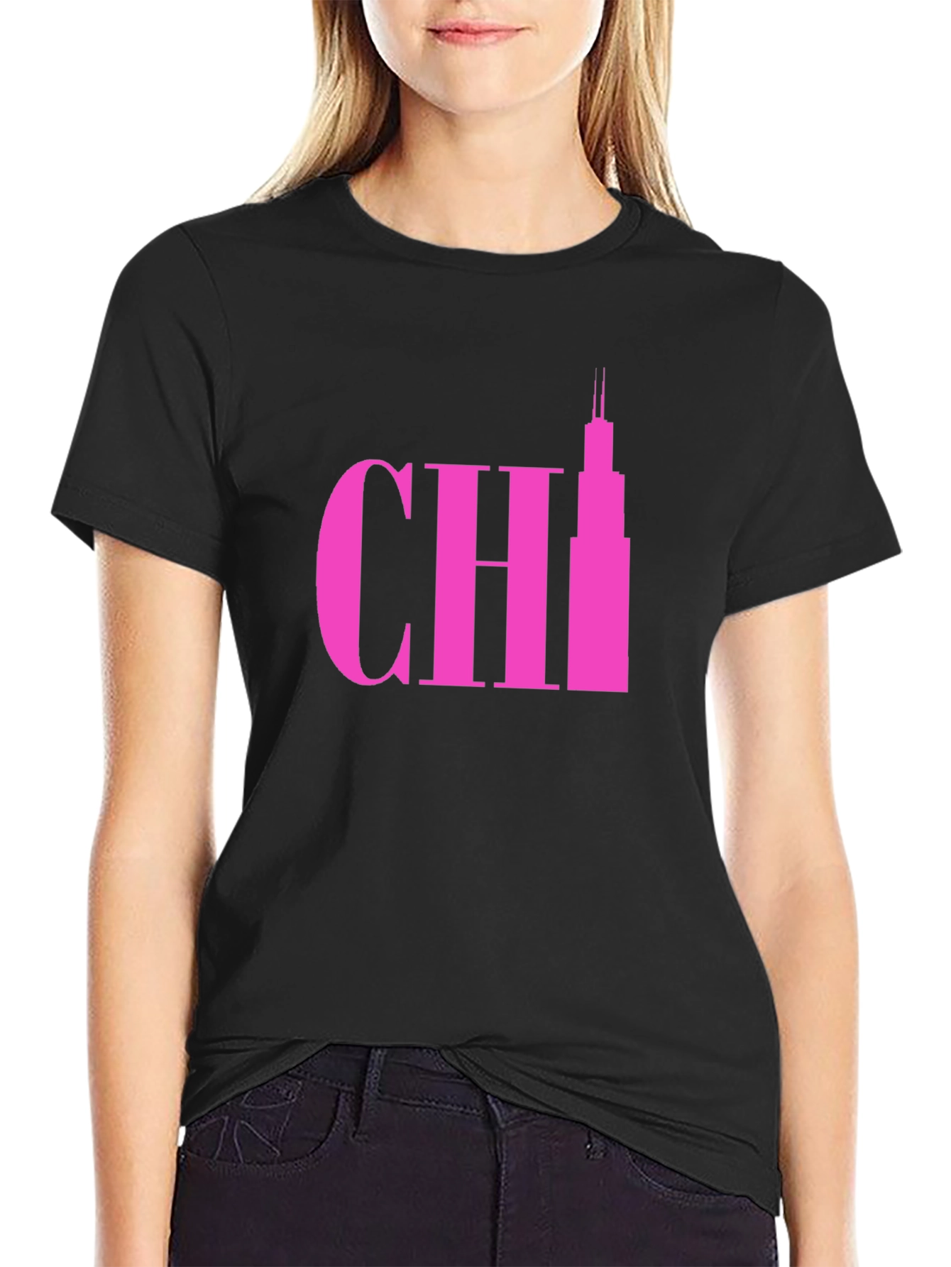 Pink Chicago Skyline Graphic Tee - Black Cotton T-Shirt