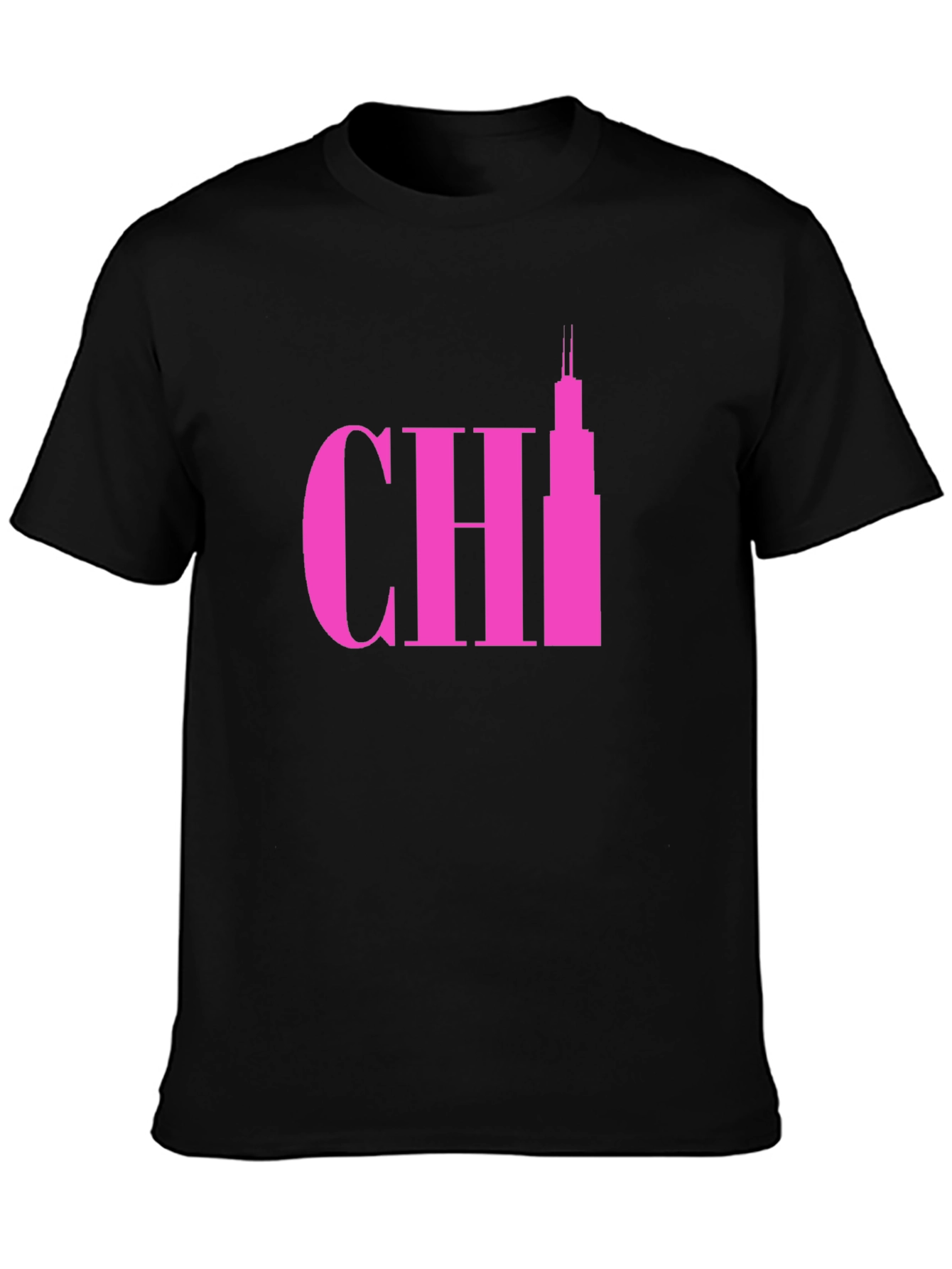 Pink Chicago Skyline Graphic Tee - Black Cotton T-Shirt