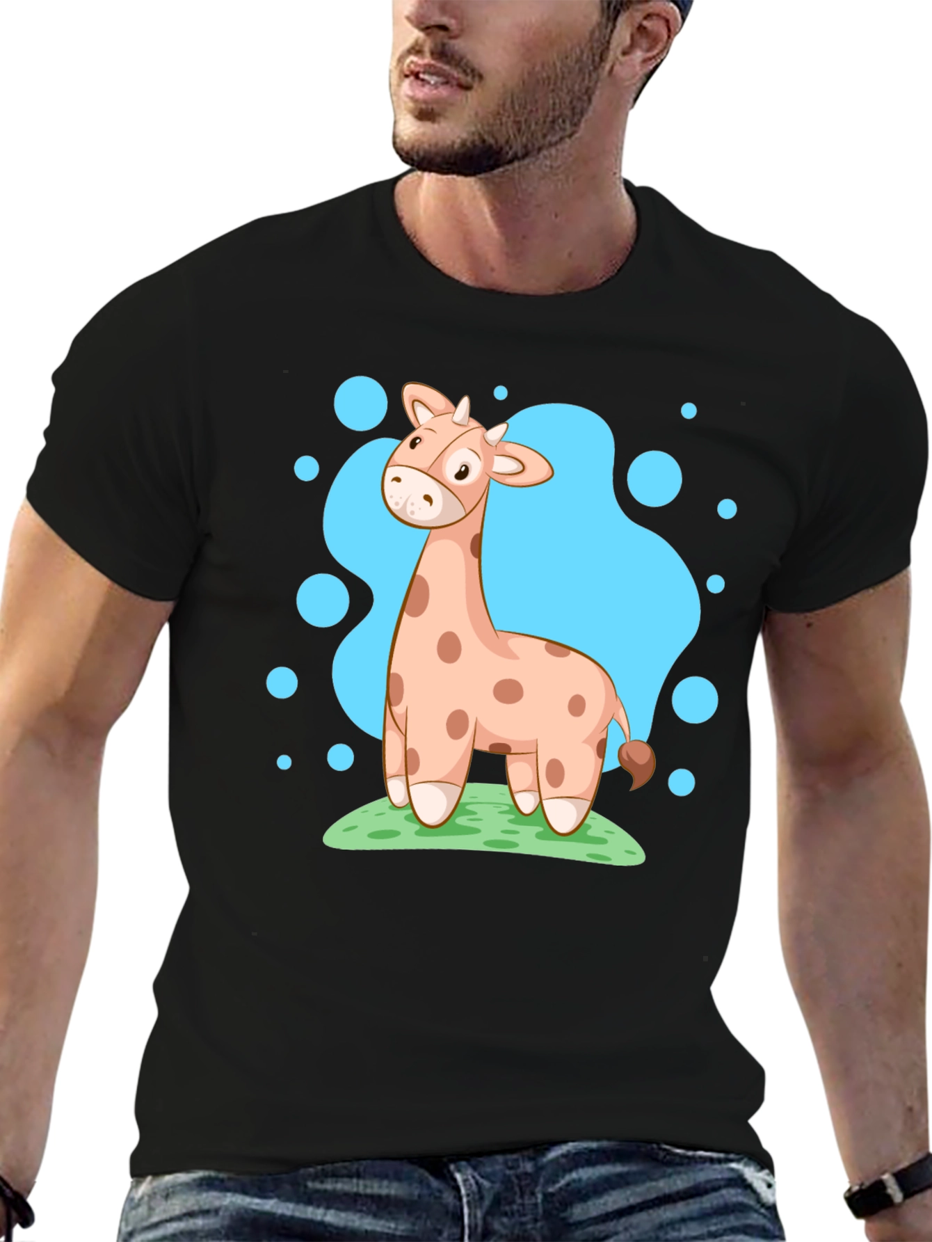 Giraffe Cartoon Graphic Tee - Black Cotton Shirt