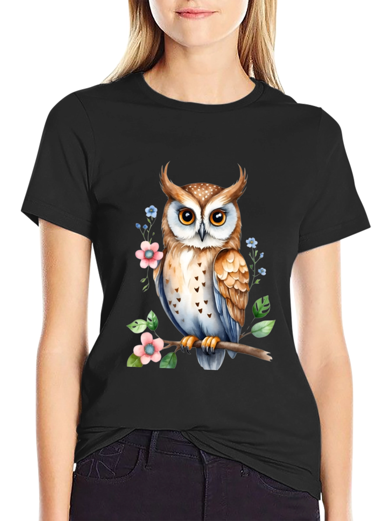 Owl and Floral Print Black T-Shirt