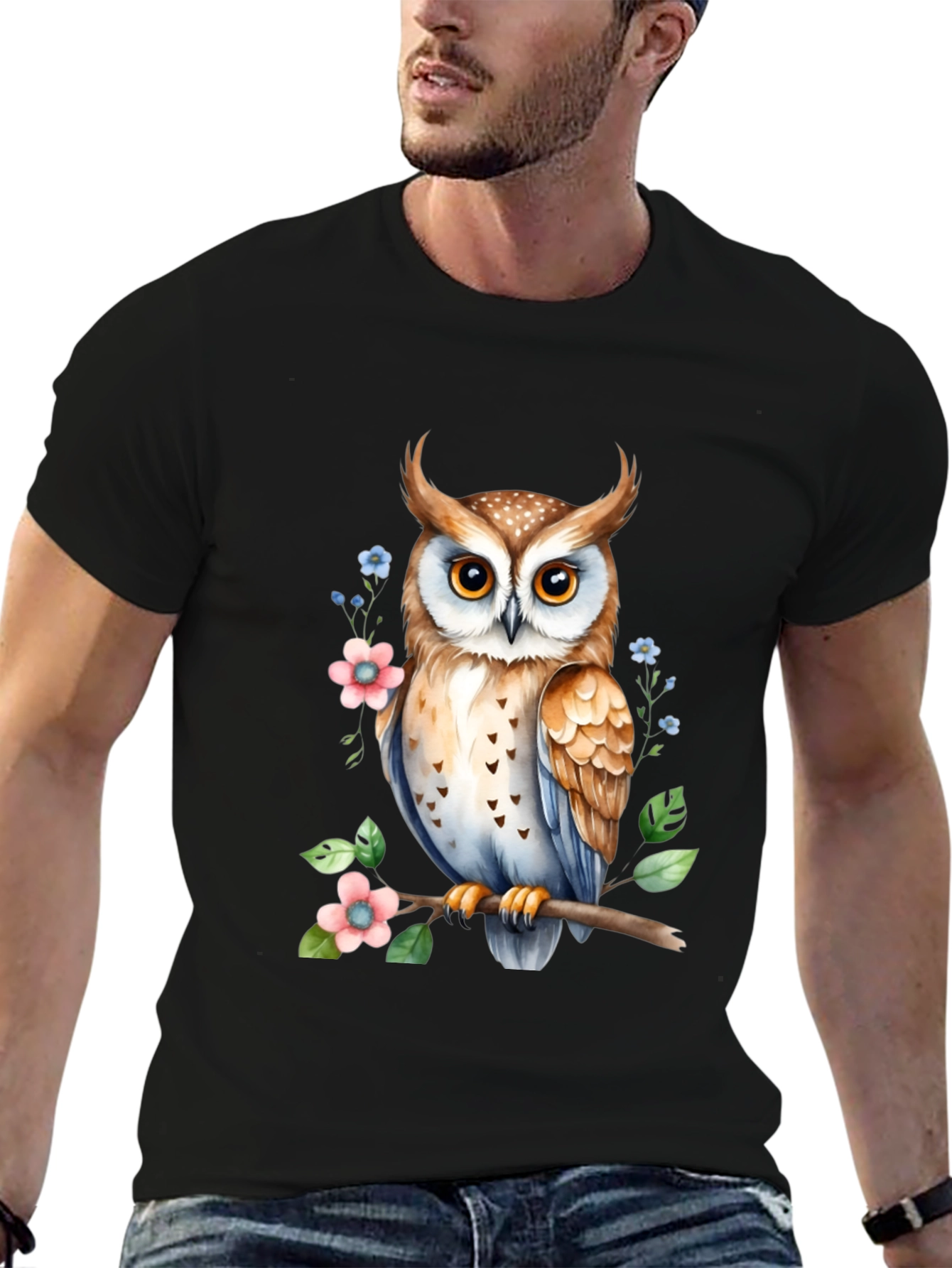 Owl and Floral Print Black T-Shirt