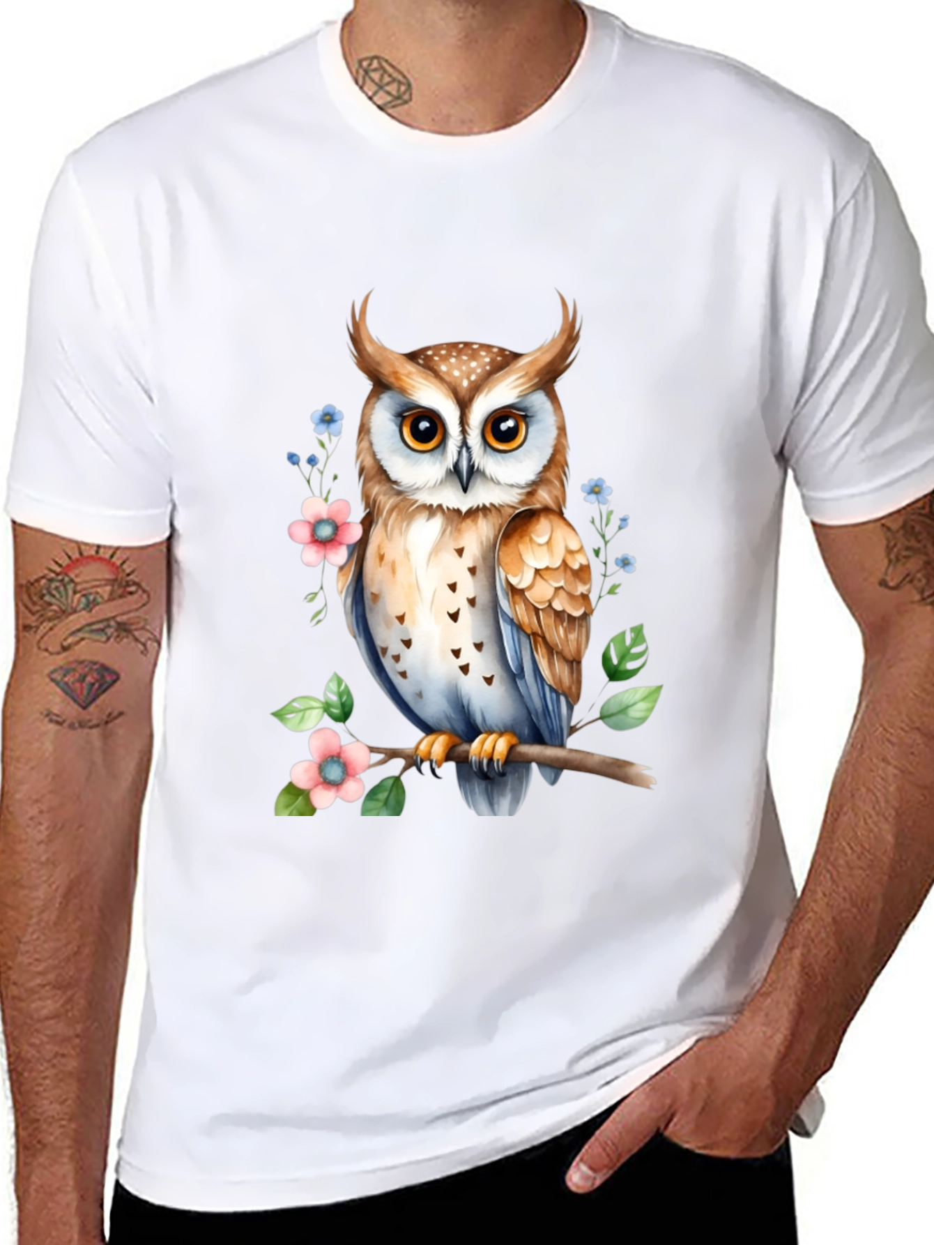 Owl and Floral Print Black T-Shirt