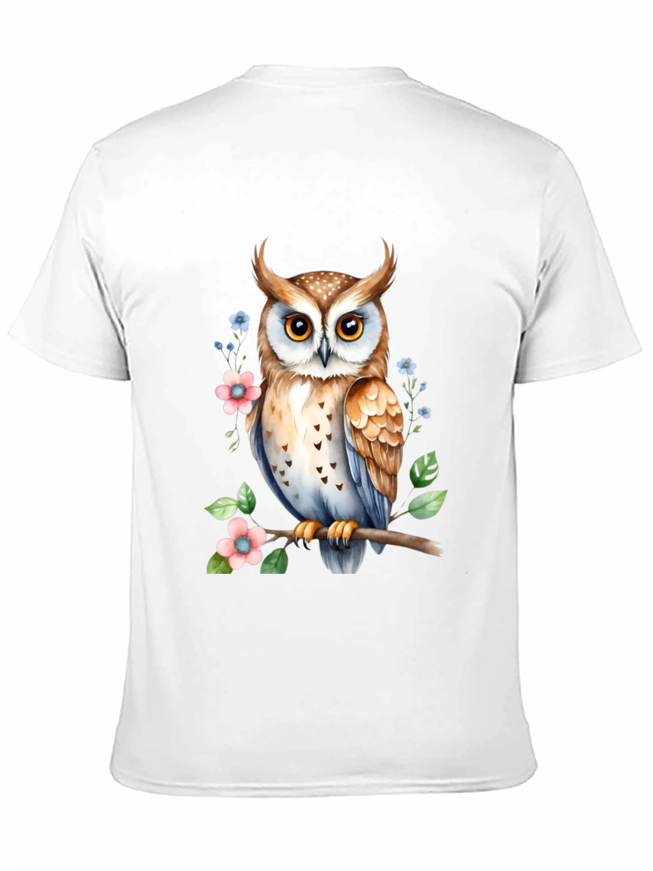 Owl and Floral Print Black T-Shirt