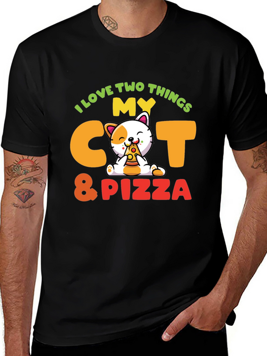 I Love My Cat & Pizza Graphic T-Shirt - Fun Pet Lover Tee