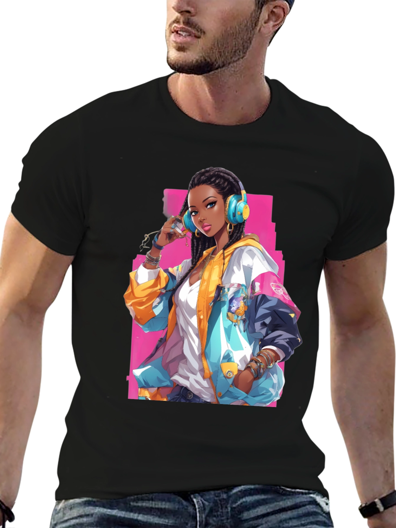 Anime Girl Graphic Print Black T-Shirt