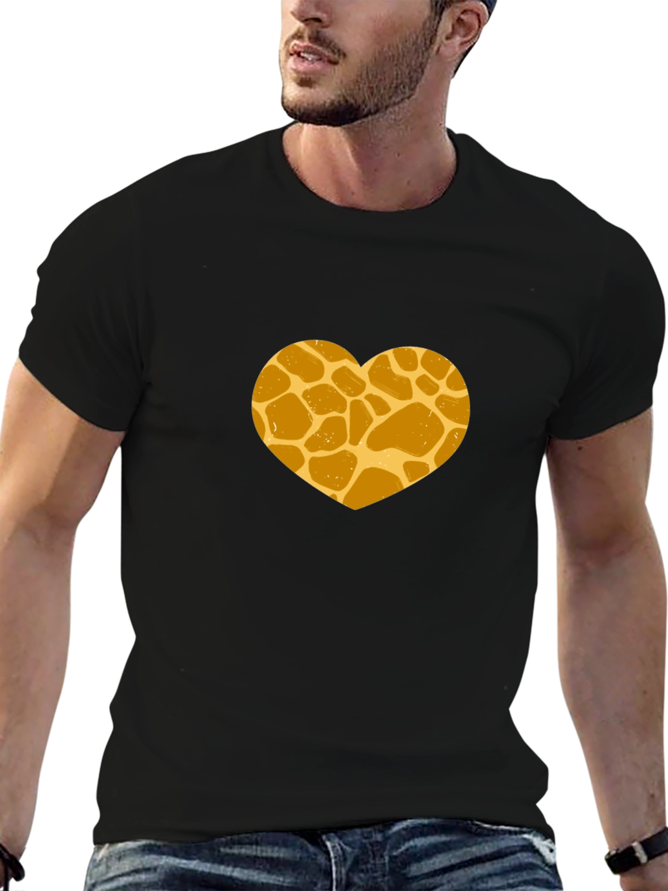 Giraffe Print Heart Graphic Tee - Stylish Black T-Shirt