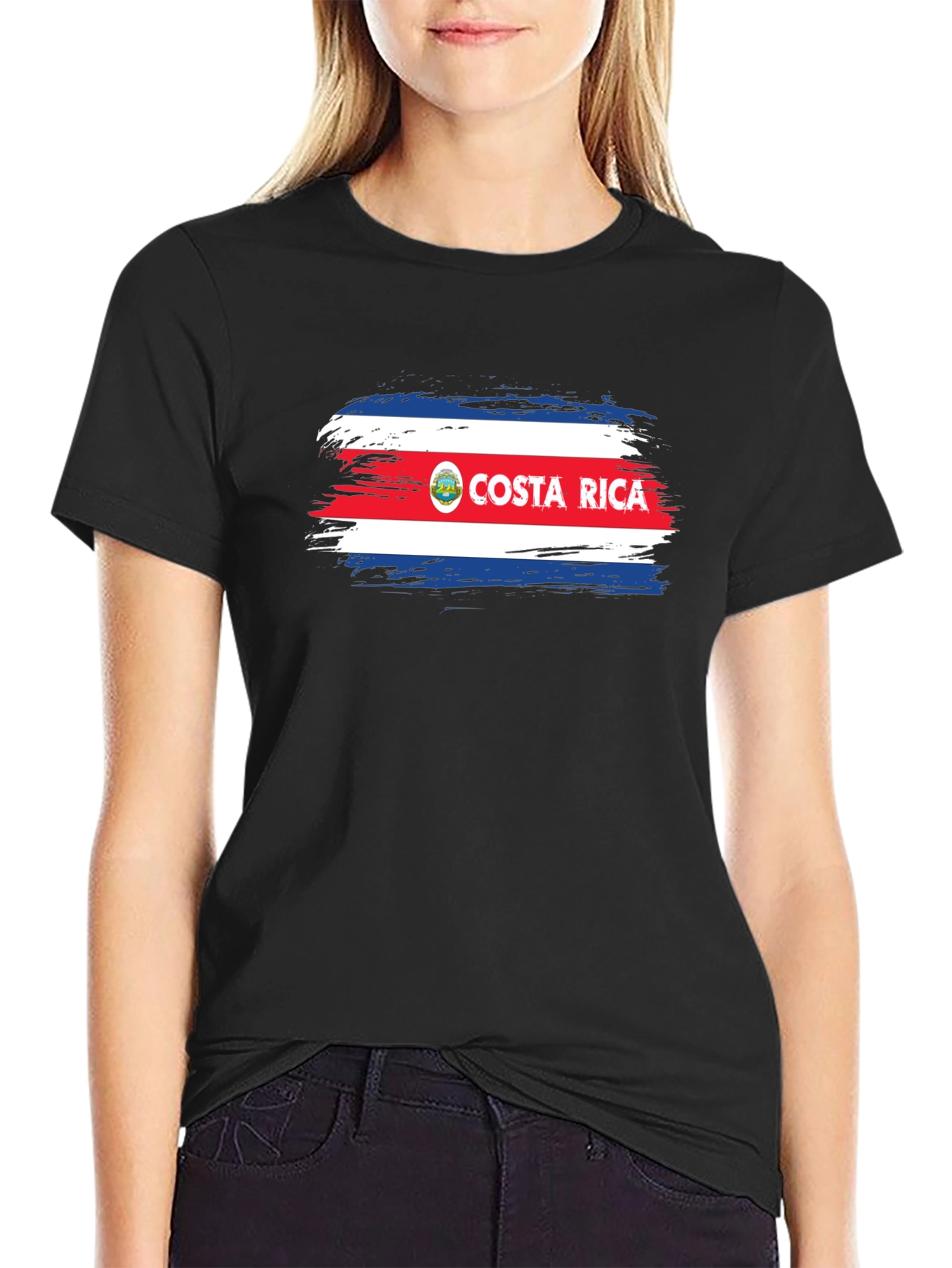 Costa Rica Flag Brushstroke Mens Black T-Shirt