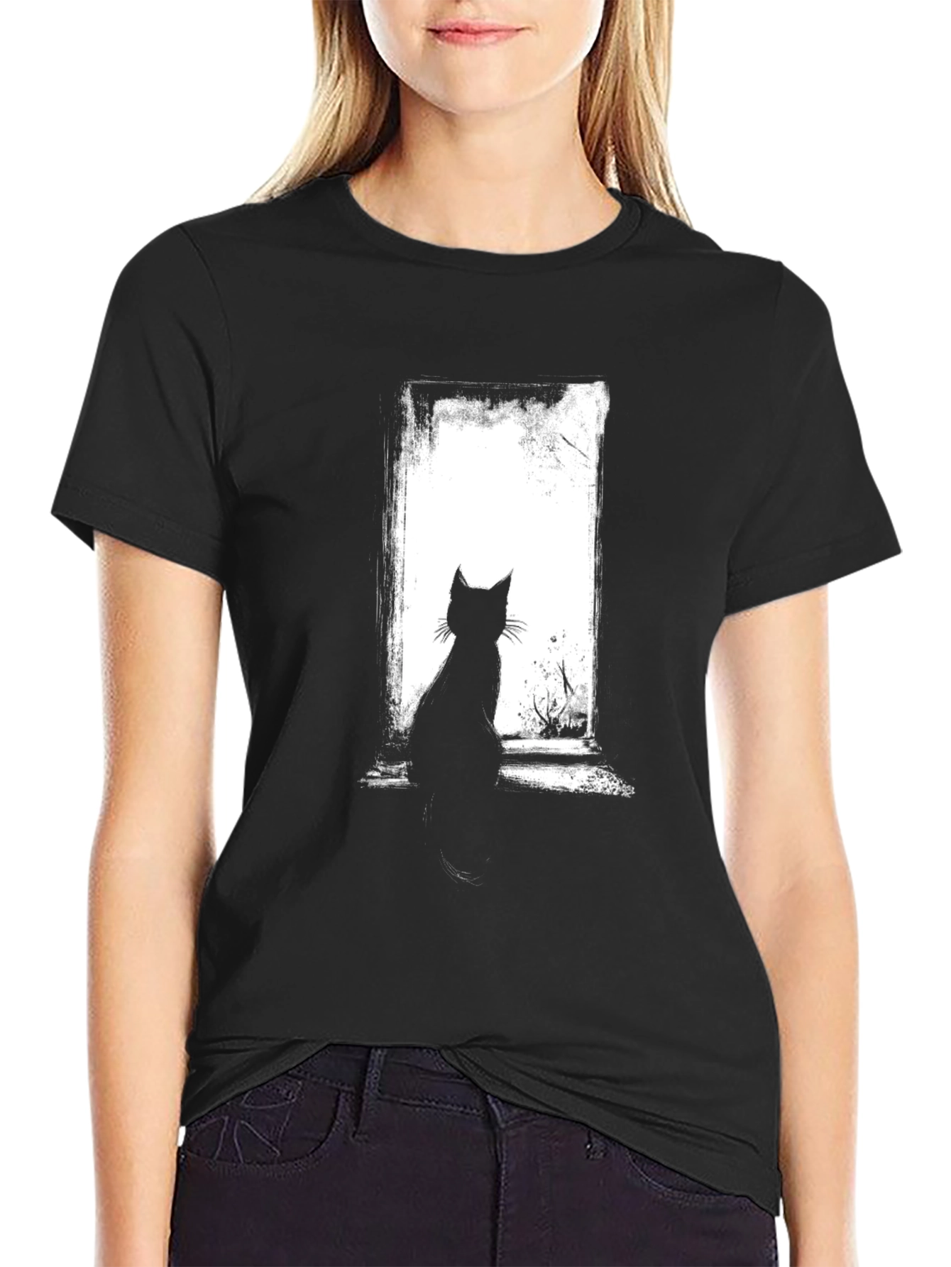 Cat Silhouette Graphic Black T-Shirt