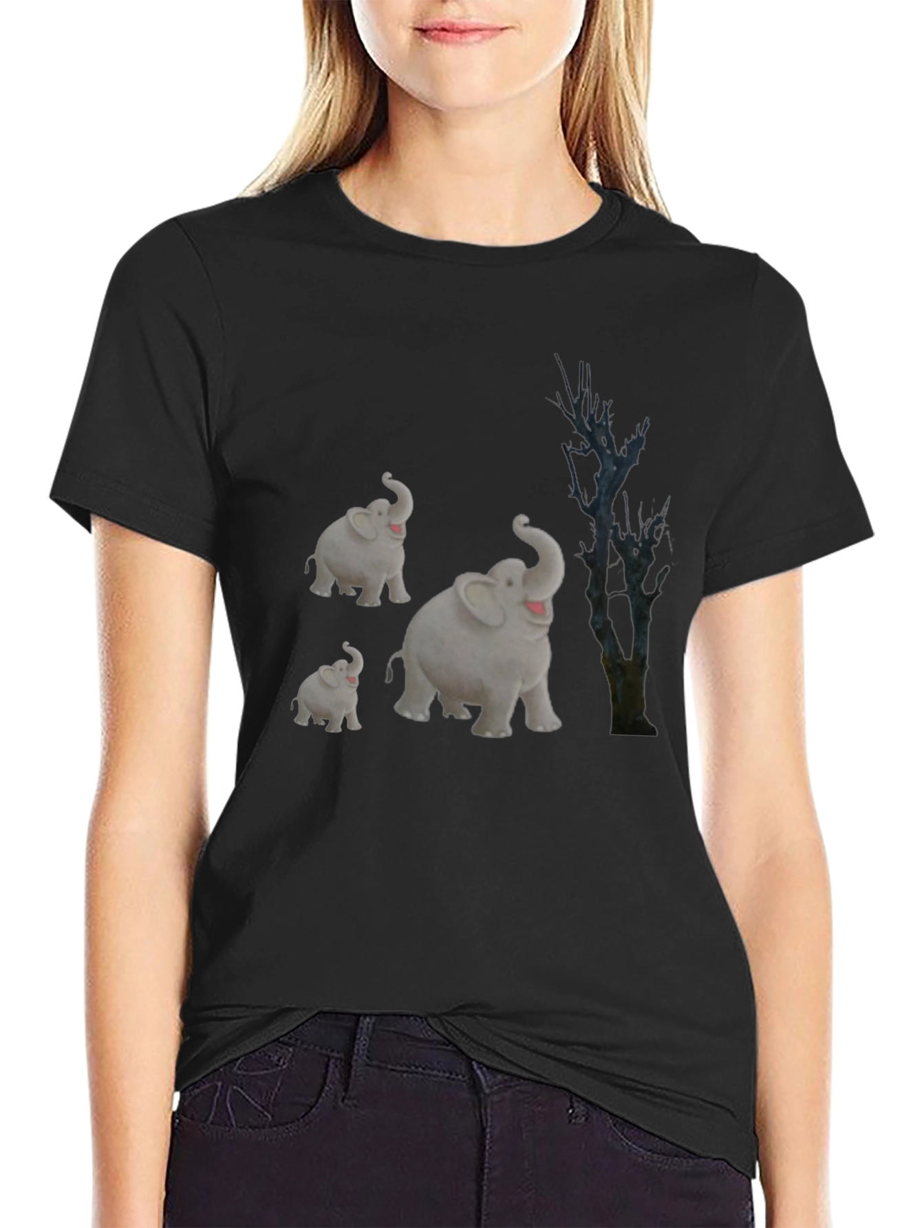 Elephant Family Graphic Tee - Black Cotton T-Shirt