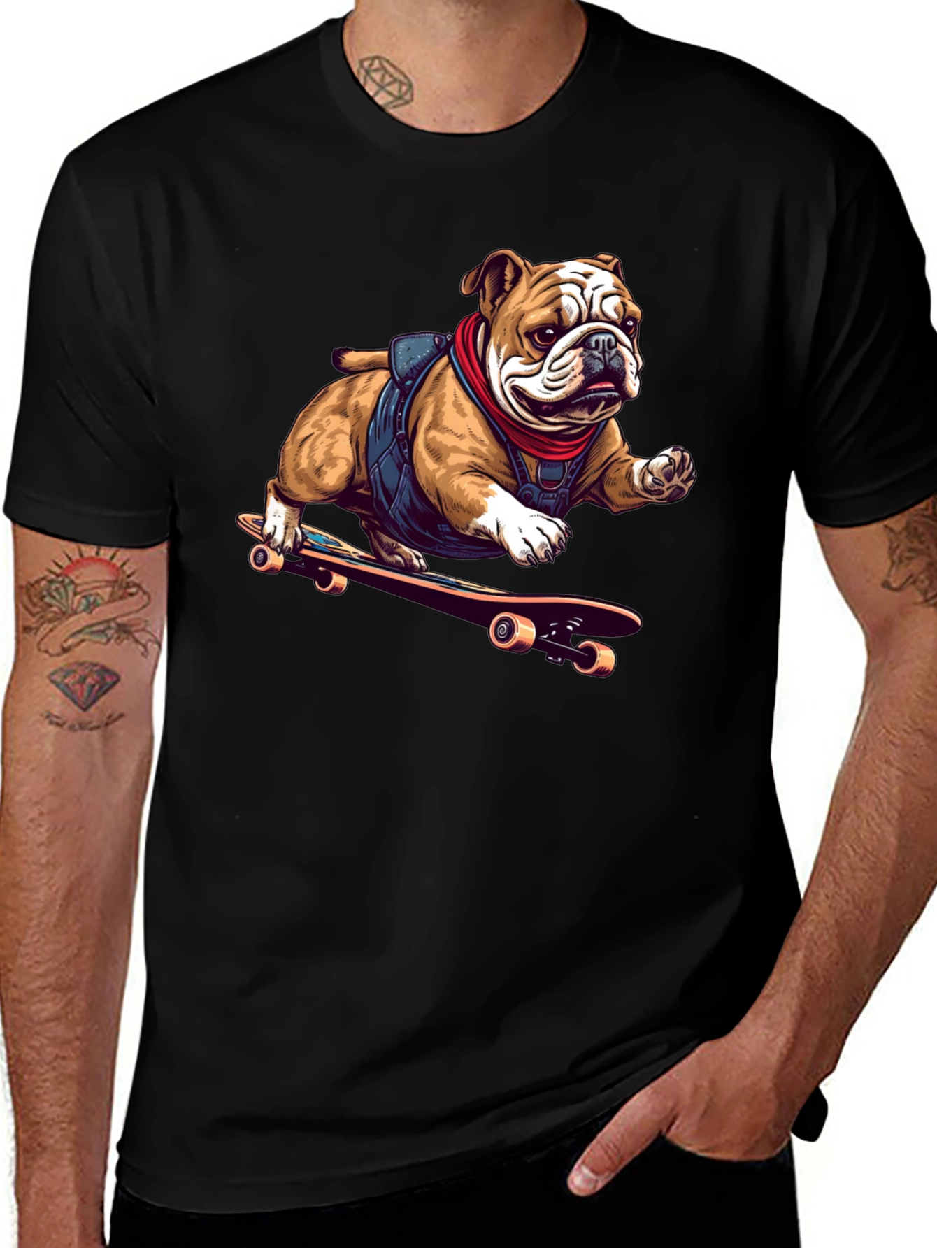 Bulldog Skateboarder Graphic Tee - Cool Black T-Shirt