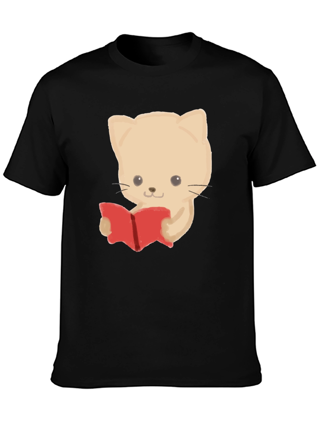 Reading Cat Graphic Tee - Black Cotton T-Shirt