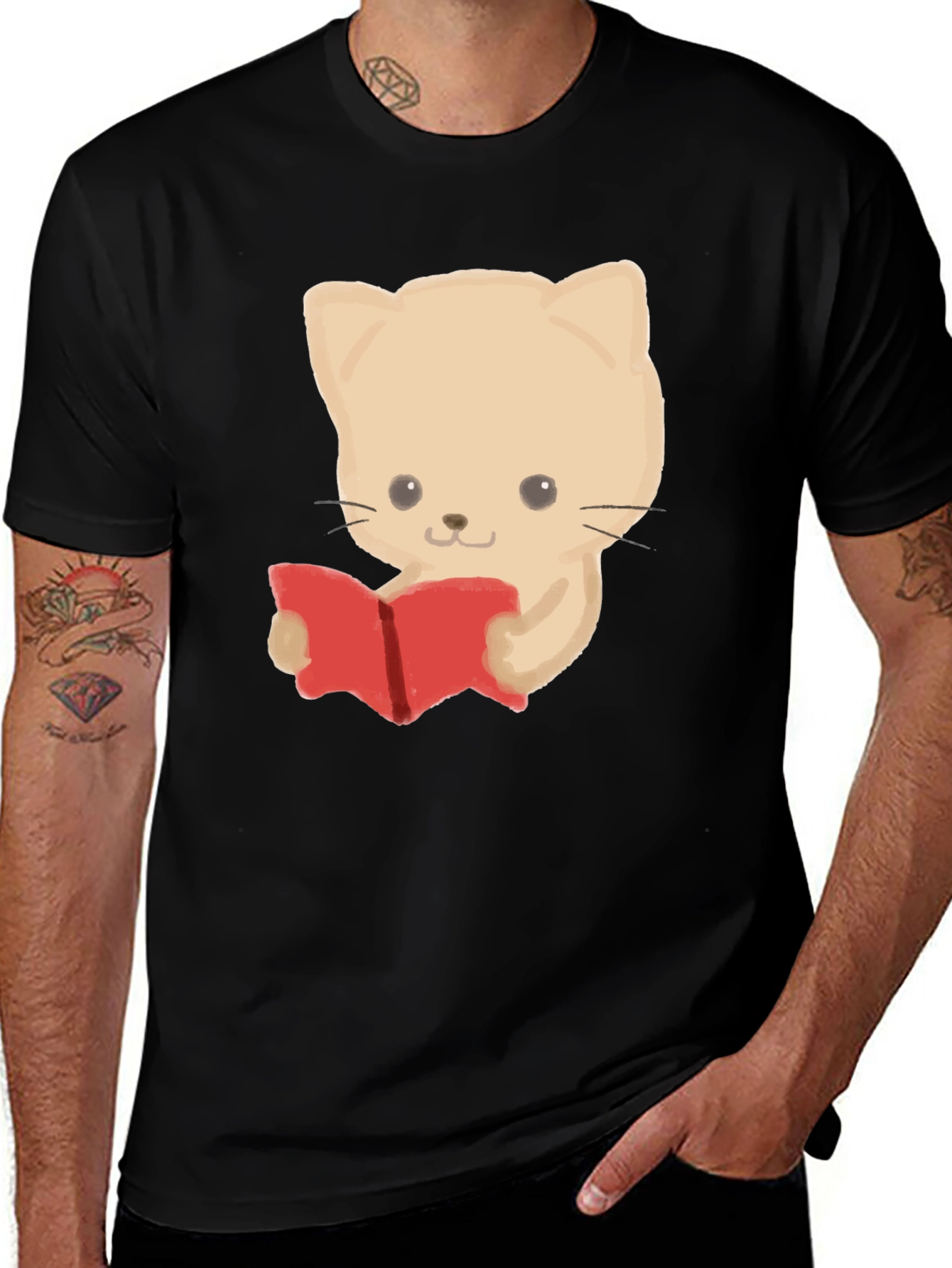 Reading Cat Graphic Tee - Black Cotton T-Shirt