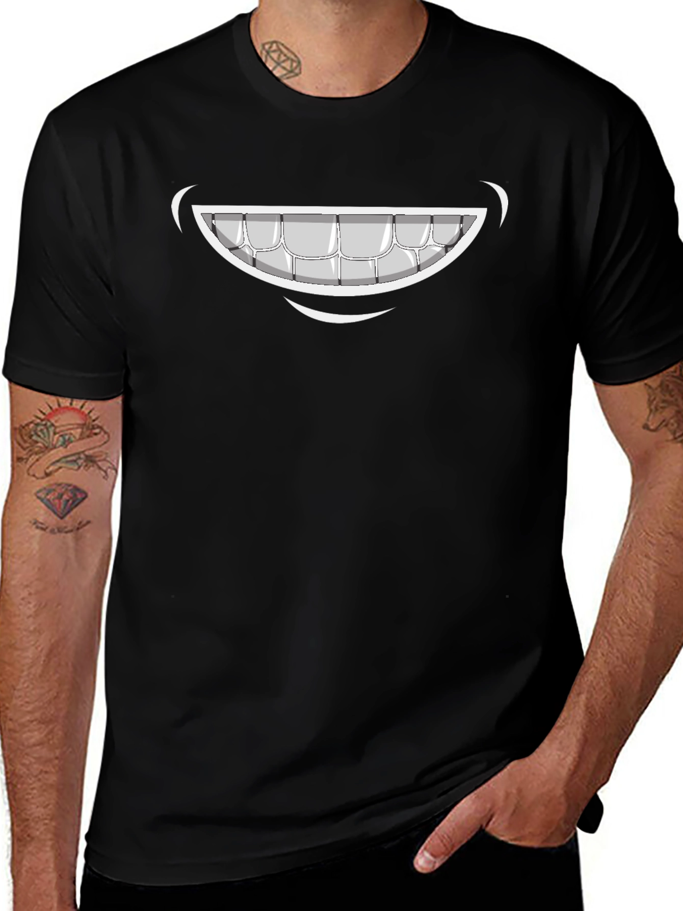 Cartoon Smile Graphic Tee - Black Cotton T-Shirt