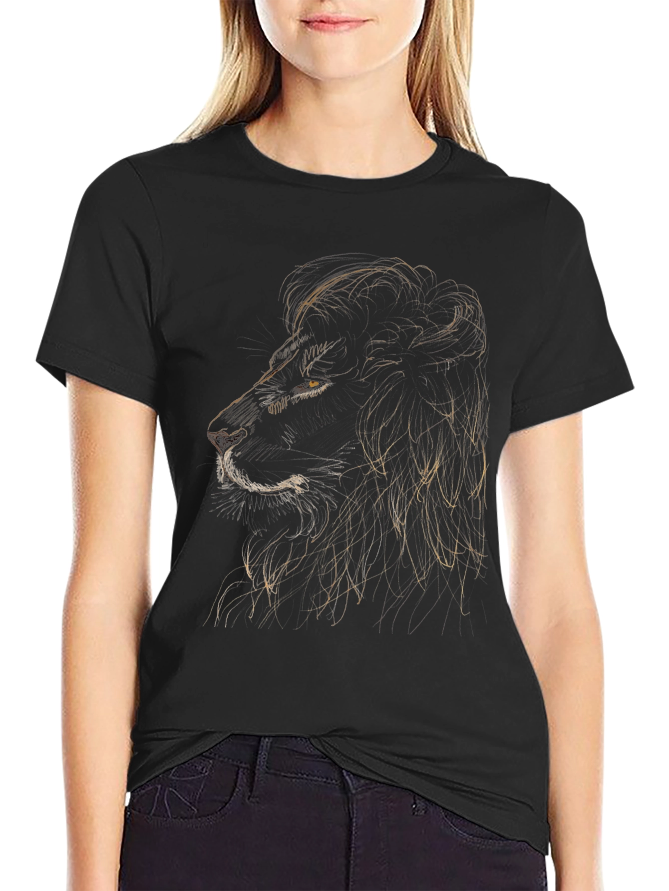 Lion Sketch Graphic Tee - Black Cotton T-Shirt