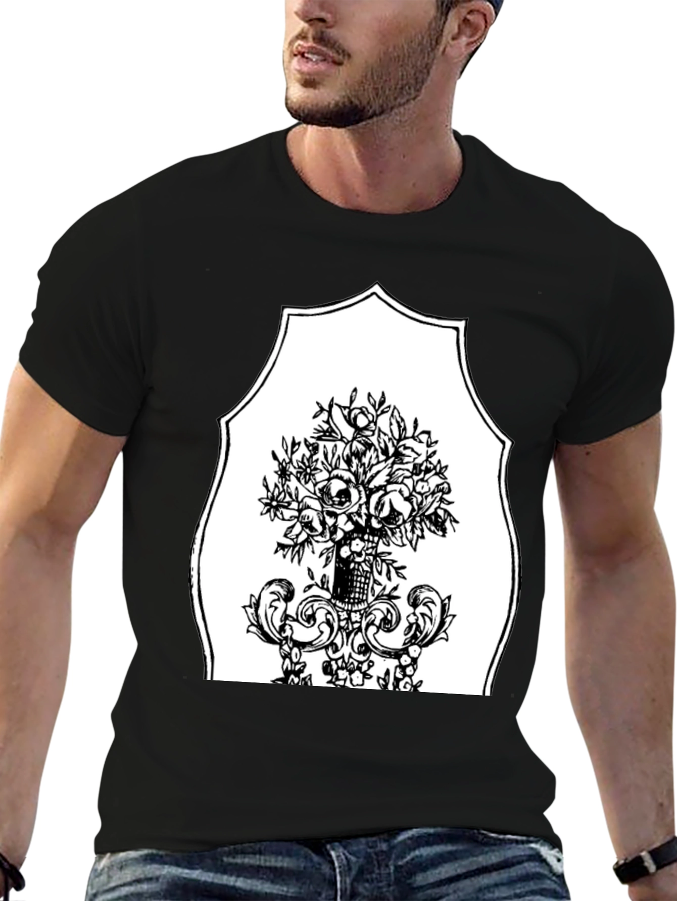 Black T-Shirt with Floral Bouquet Graphic