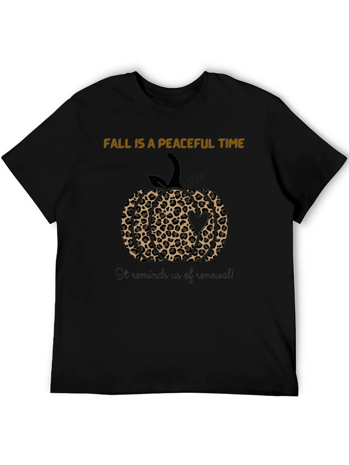 Fall Peaceful Time Pumpkin Leopard Print Black T-Shirt