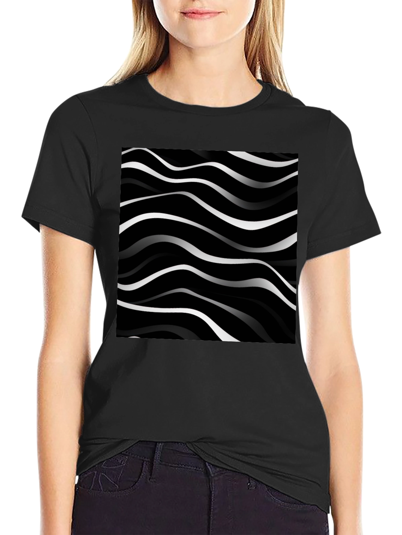 Abstract Wave Pattern Black T-Shirt