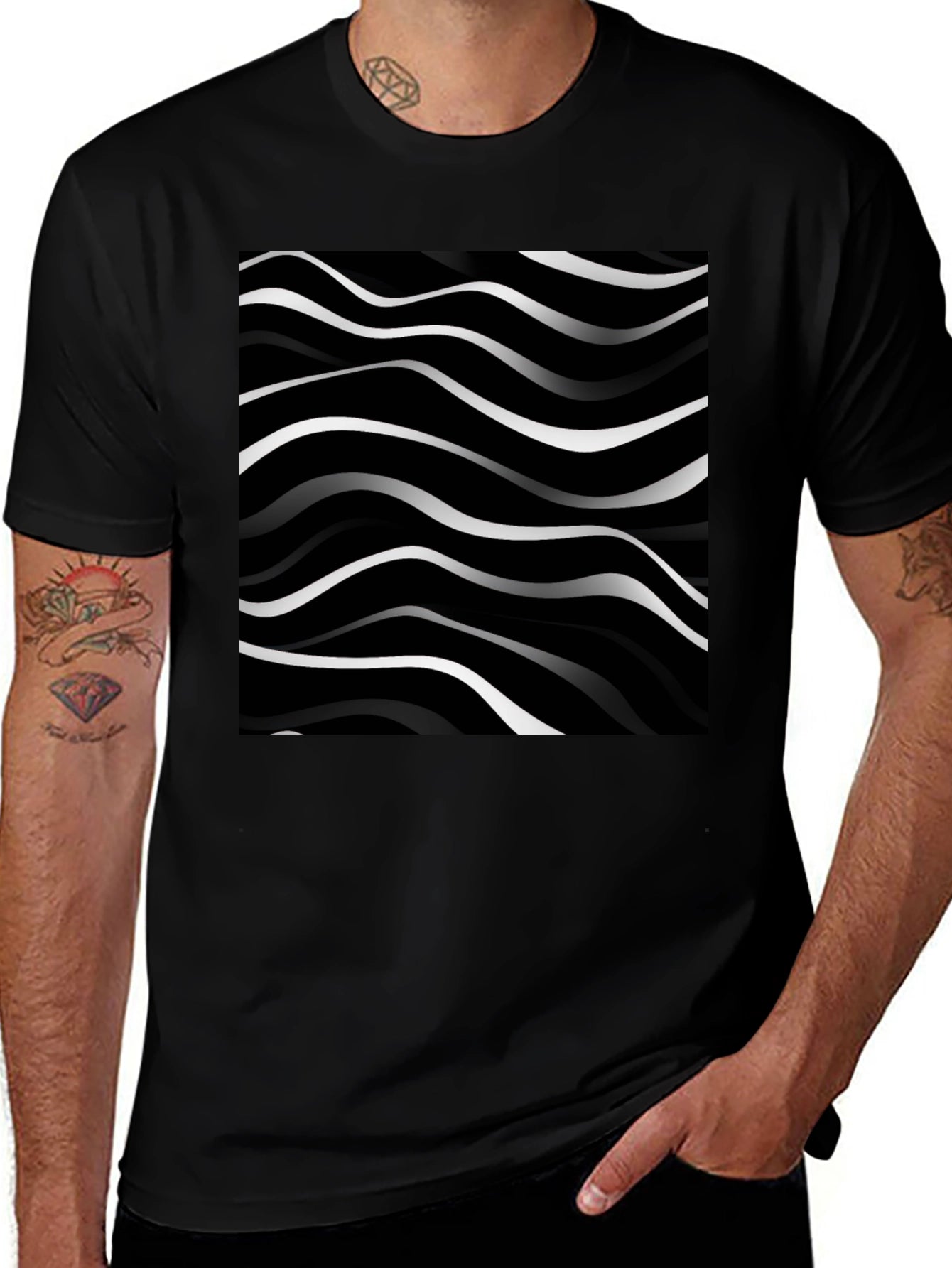 Abstract Wave Pattern Black T-Shirt