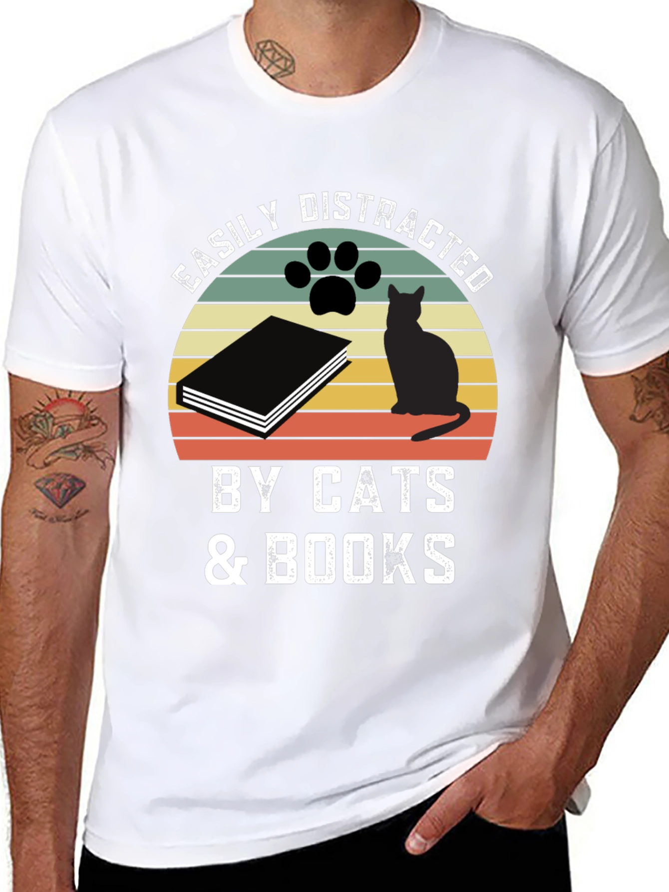 Easily Distracted by Cats & Books Graphic T-Shirt