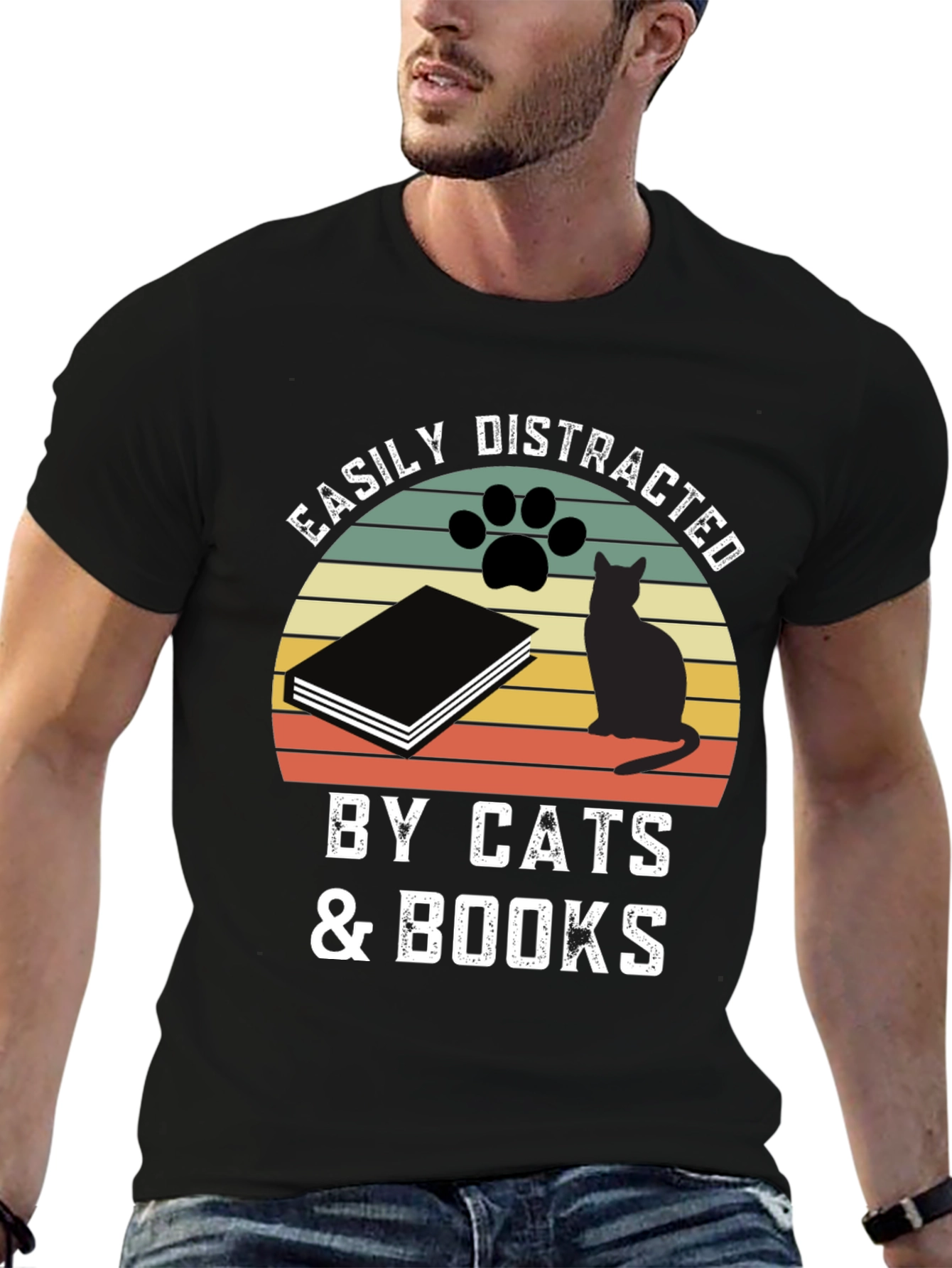 Easily Distracted by Cats & Books Graphic T-Shirt