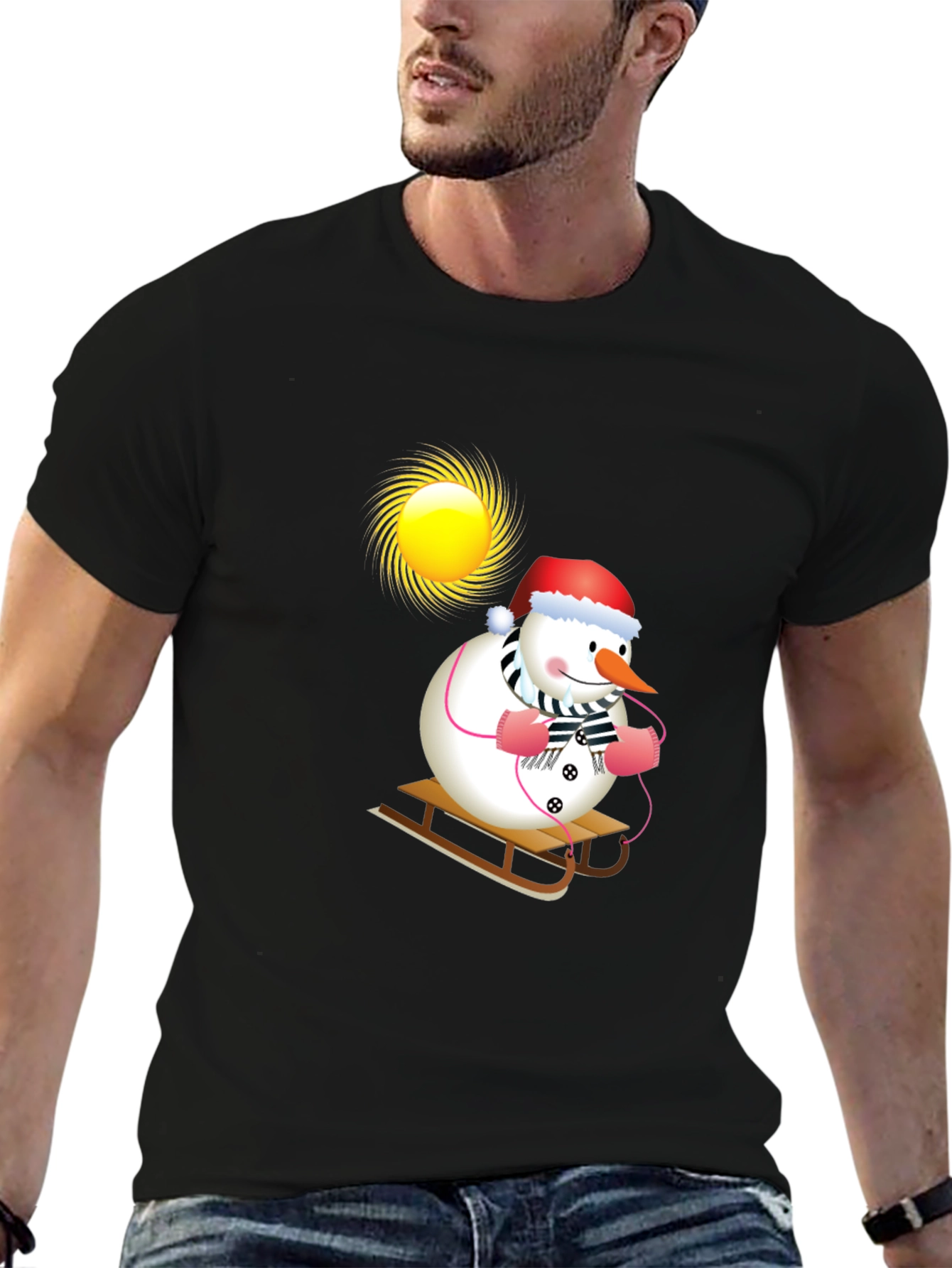 Festive Snowman Sledding T-Shirt - Holiday Cheer