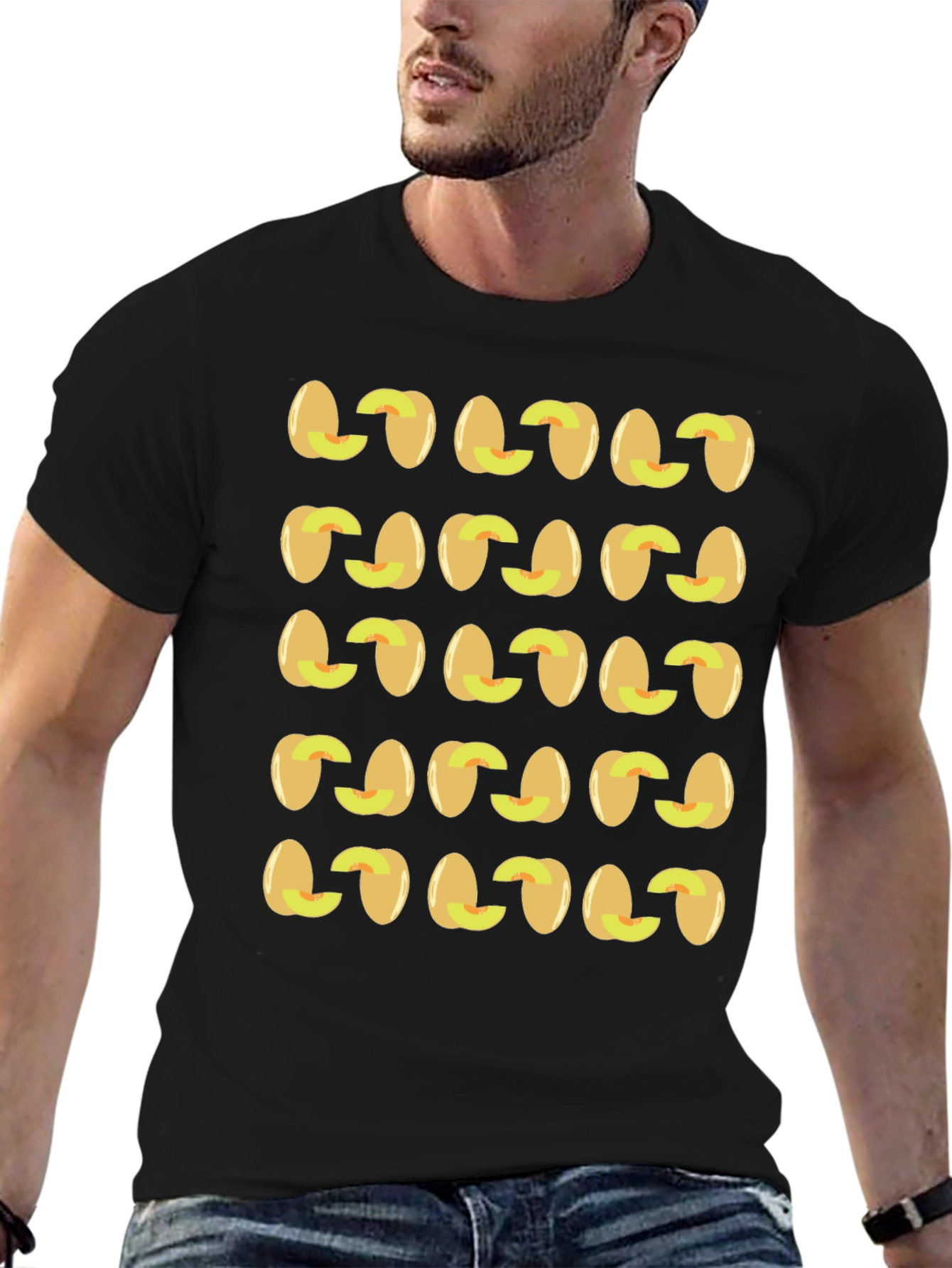Peach Pattern Black T-Shirt Fruit Design