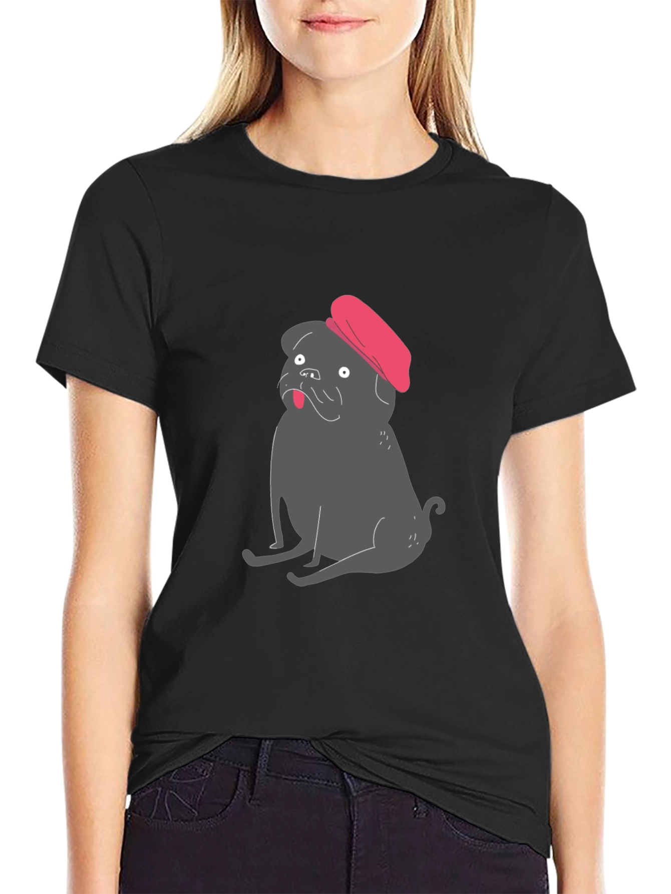 Pug with Beret Graphic Tee - Black