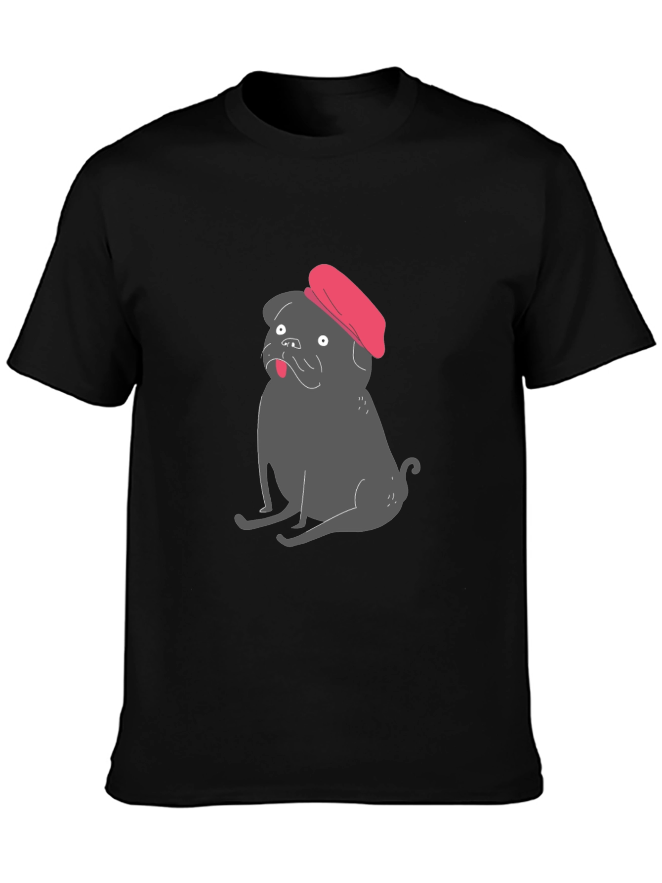 Pug with Beret Graphic Tee - Black