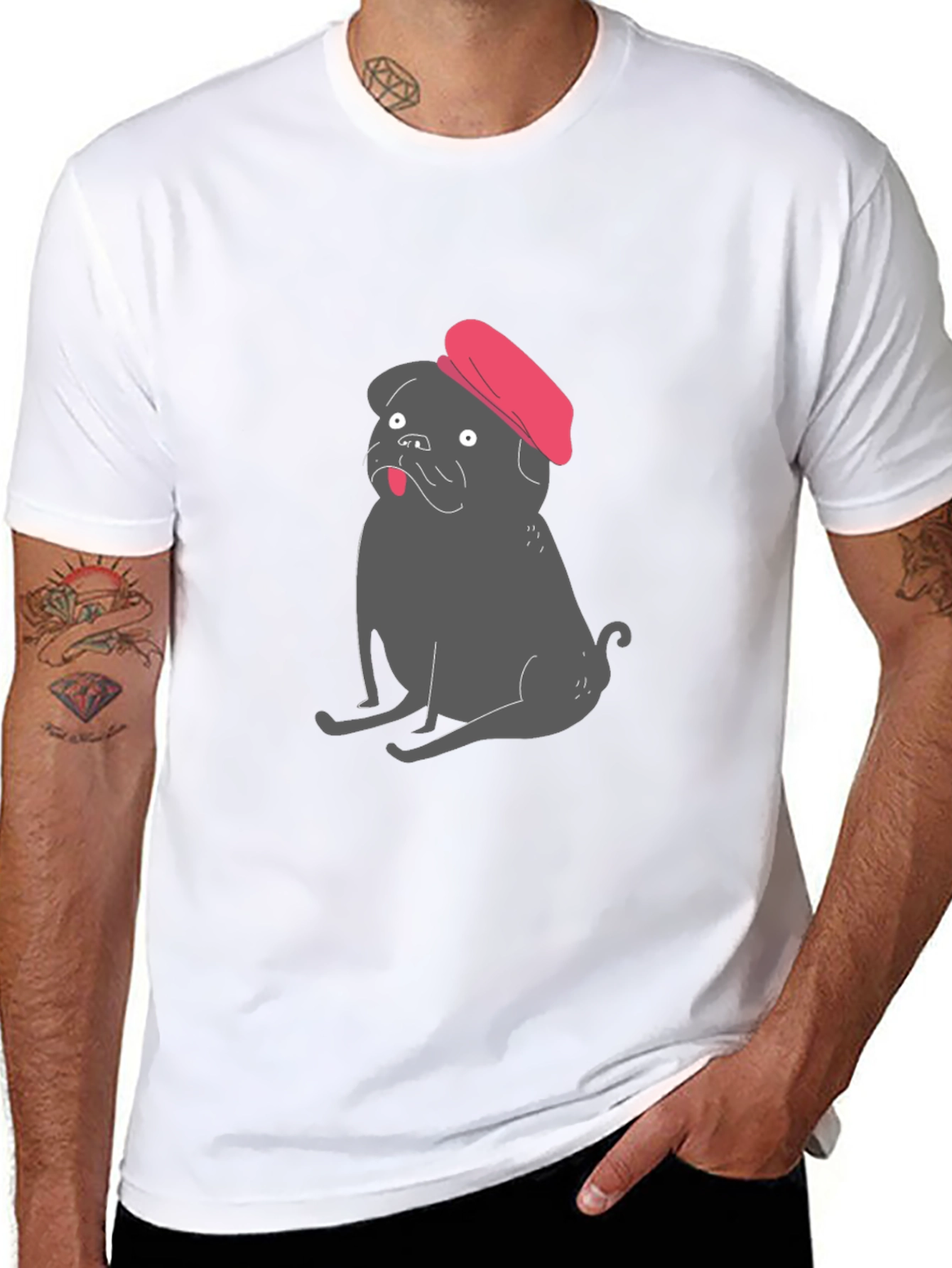 Pug with Beret Graphic Tee - Black