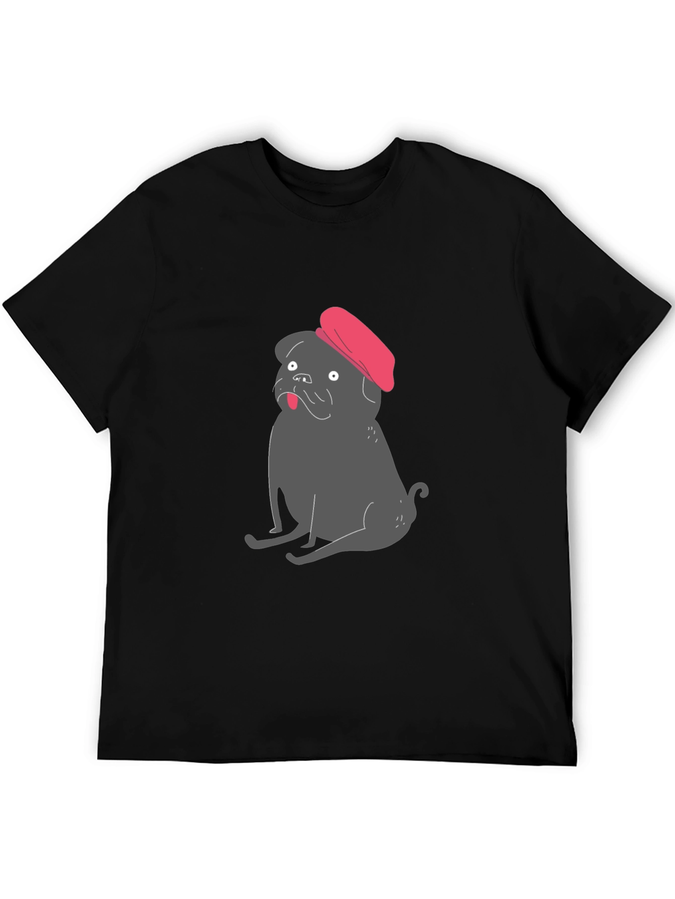 Pug with Beret Graphic Tee - Black