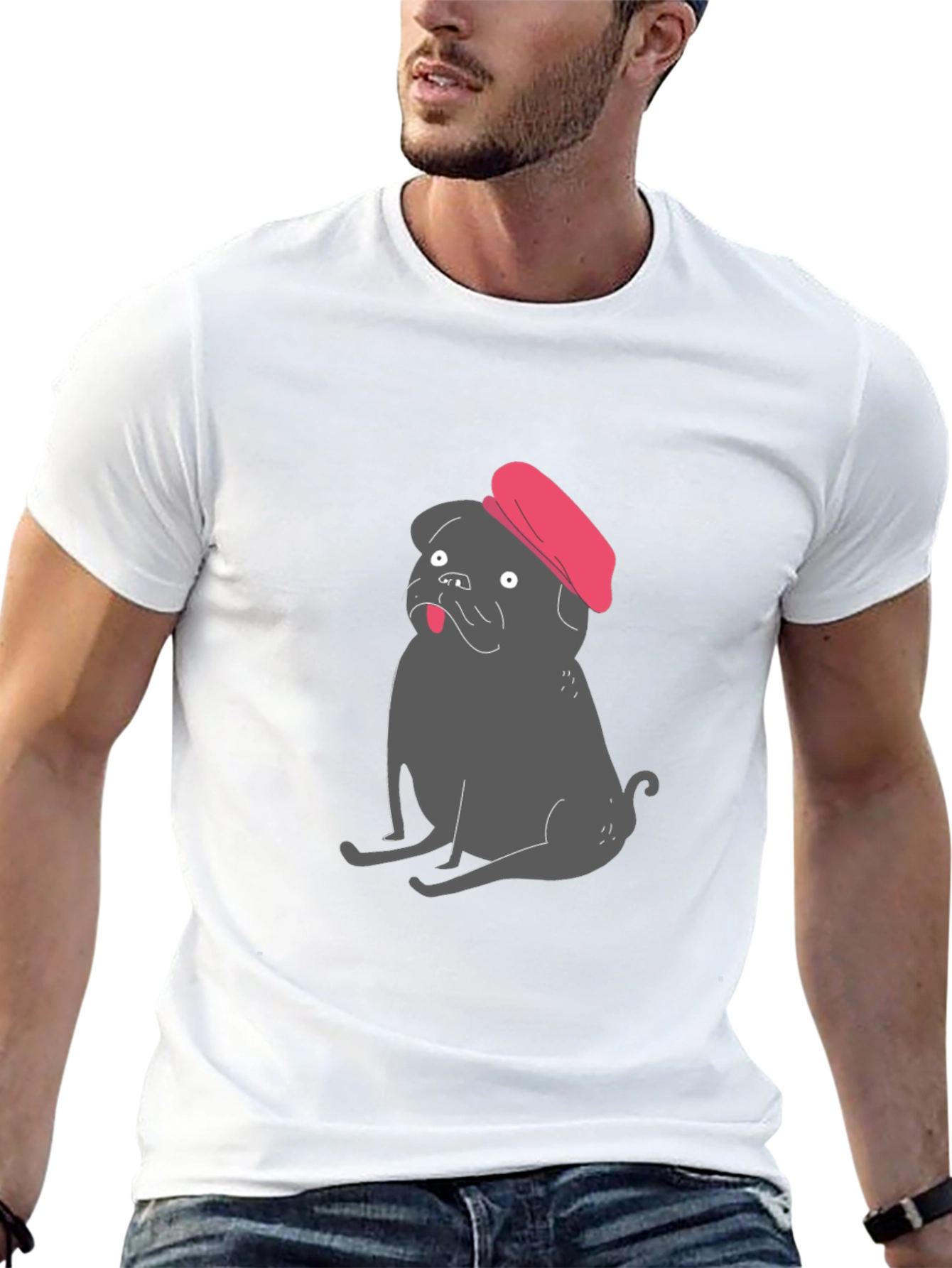Pug with Beret Graphic Tee - Black