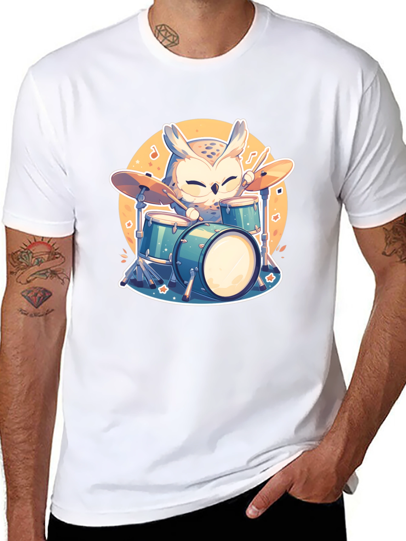 Owl Drummer Black T-Shirt - Cartoon Music Design