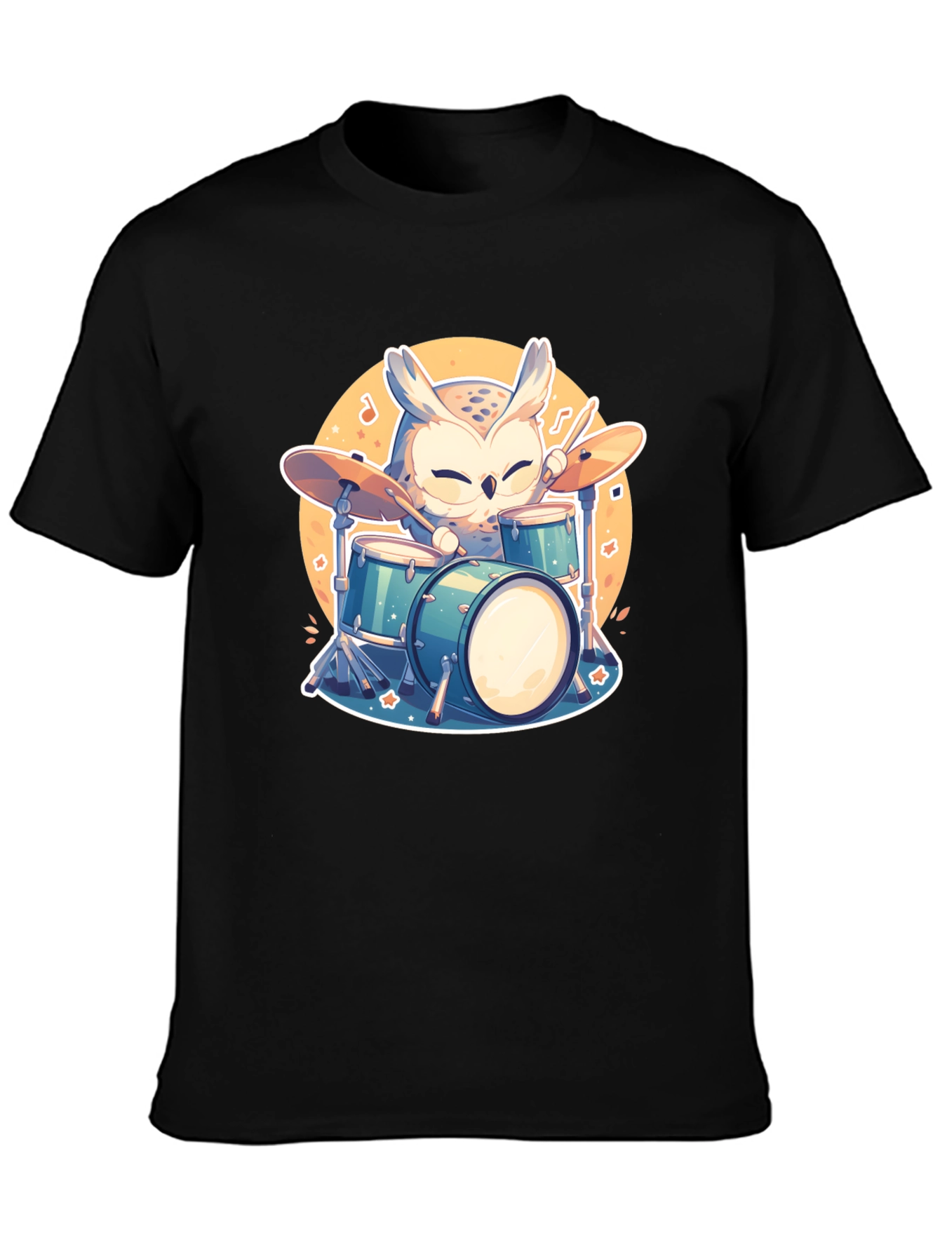 Owl Drummer Black T-Shirt - Cartoon Music Design